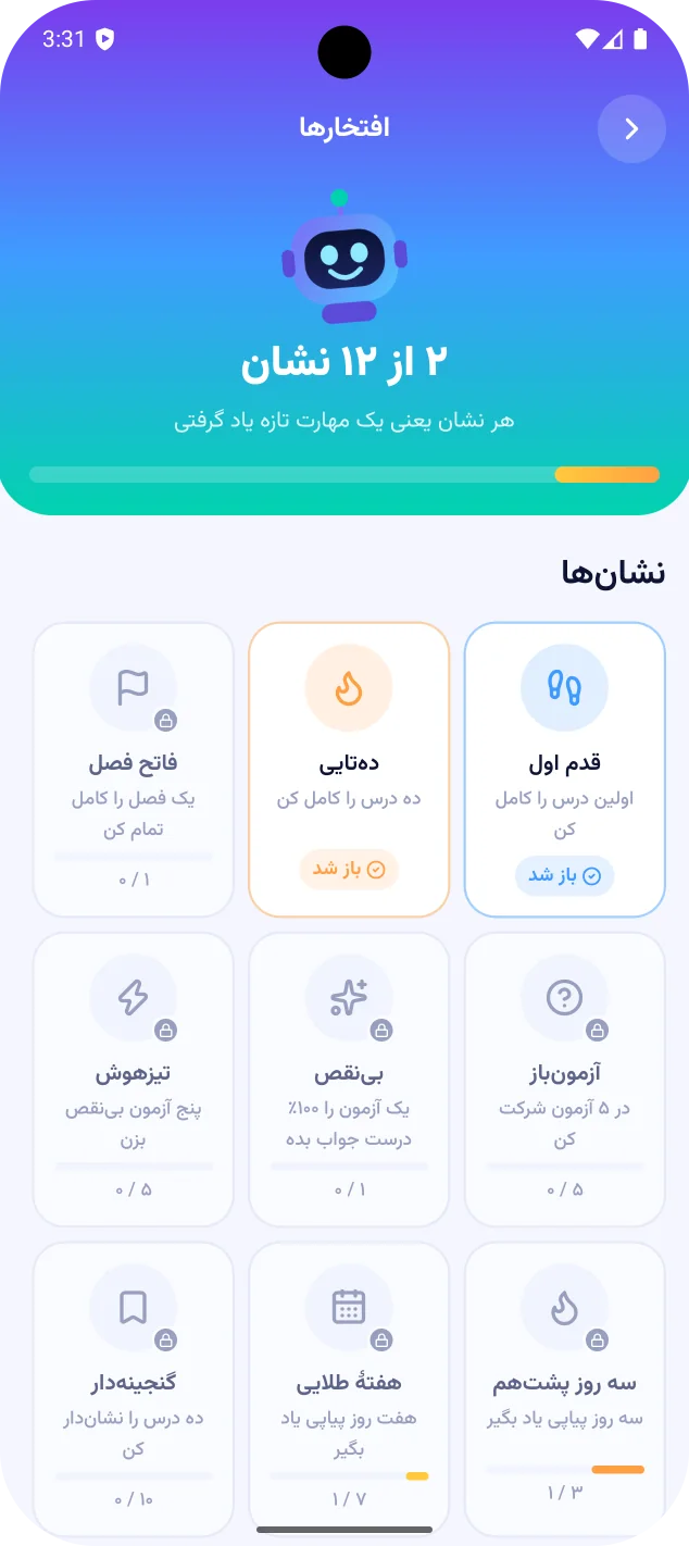 صفحهٔ افتخارها: ۲ نشان از ۱۲ نشان باز شده، قدم اول و ده‌تایی